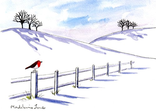 Robin fence winter - fence, hills