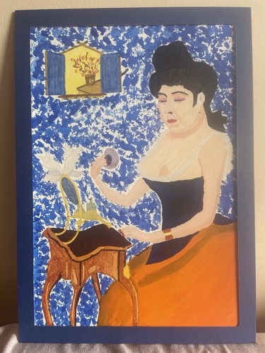 Woman seated mirror with - woman,