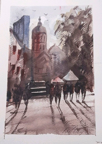 Signed watercolour city - city, street