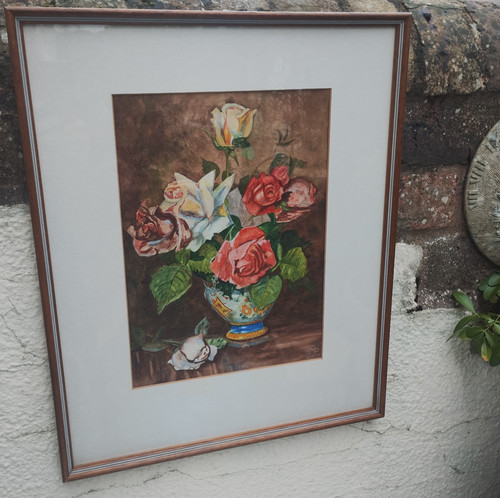 Vintage painting roses vase - vintage,