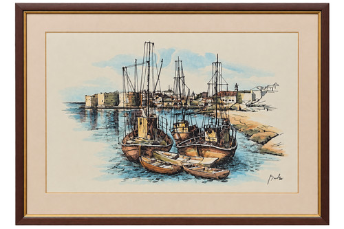 Signed framed harbour - framed, fishing