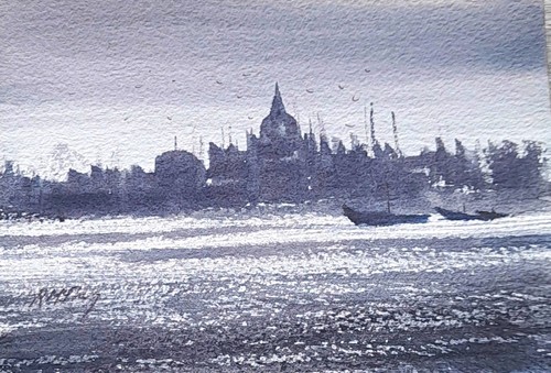 Signed monochrome cityscape - signed,